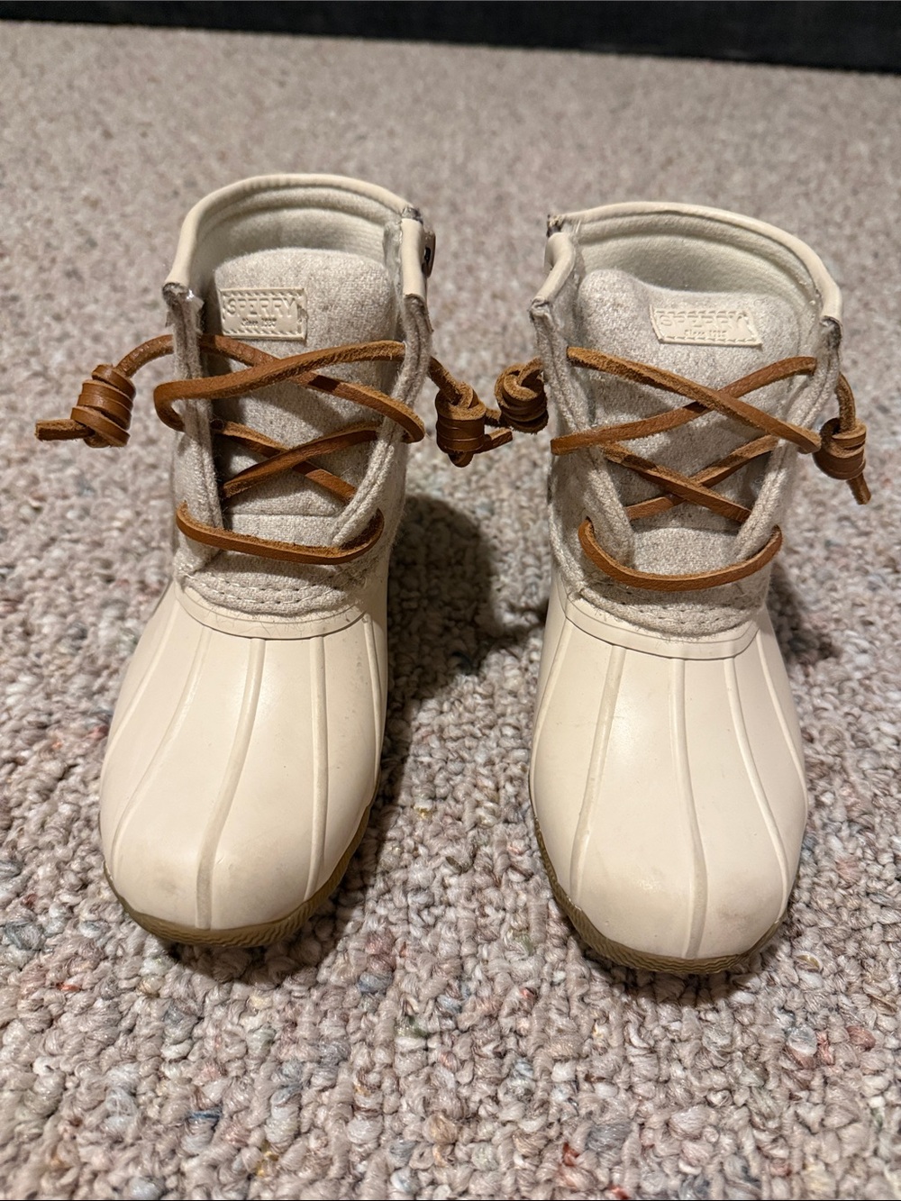 Sperry Cream Kids Duck Boots with Brown Laces